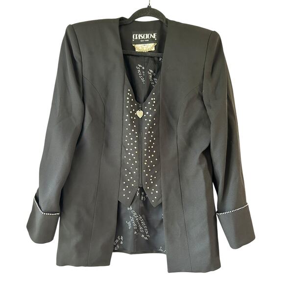 Vintage CrisCione New York Black Blazer Rhinestone Detail Boxy Zip Up Medium - Picture 2 of 8